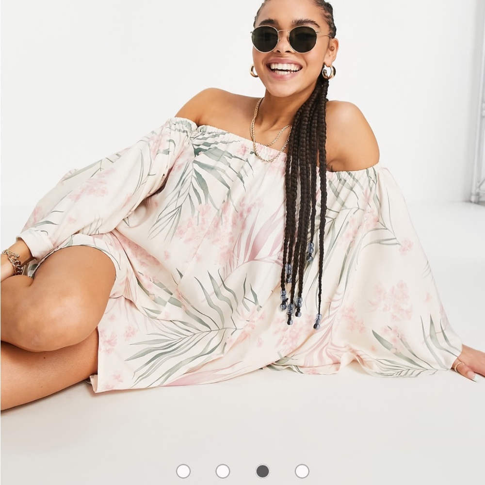 ASOS DESIGN batwing beach playsuit featuring a pink and green palm print
